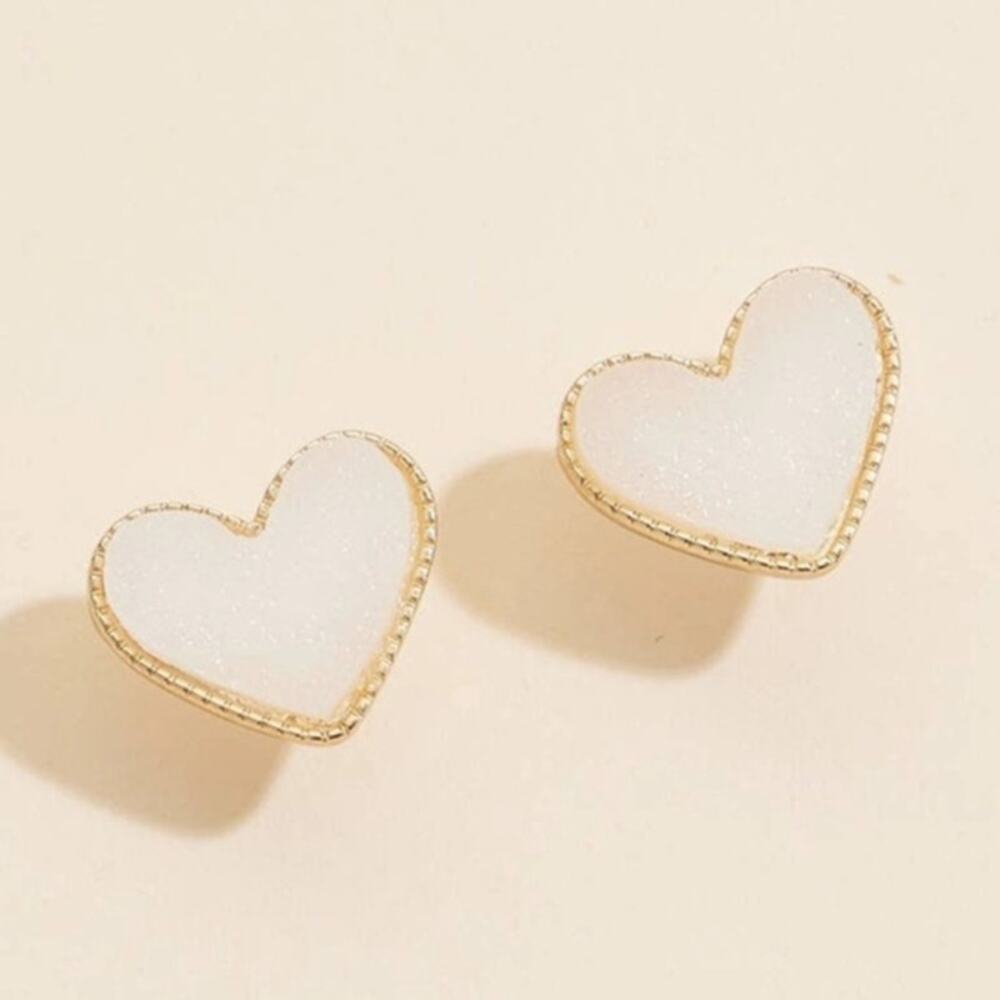 Druzy Heart Stone Stud Earrings Ivory Sparkle Jewelry